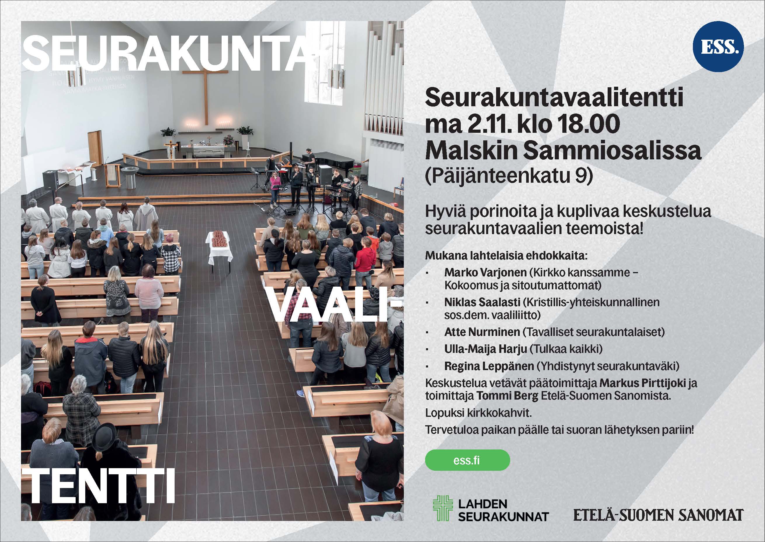 Seurakuntavaalitentin mainoskuva. Ristinkirkon kirkkosali, tiedot tapahtumasta.