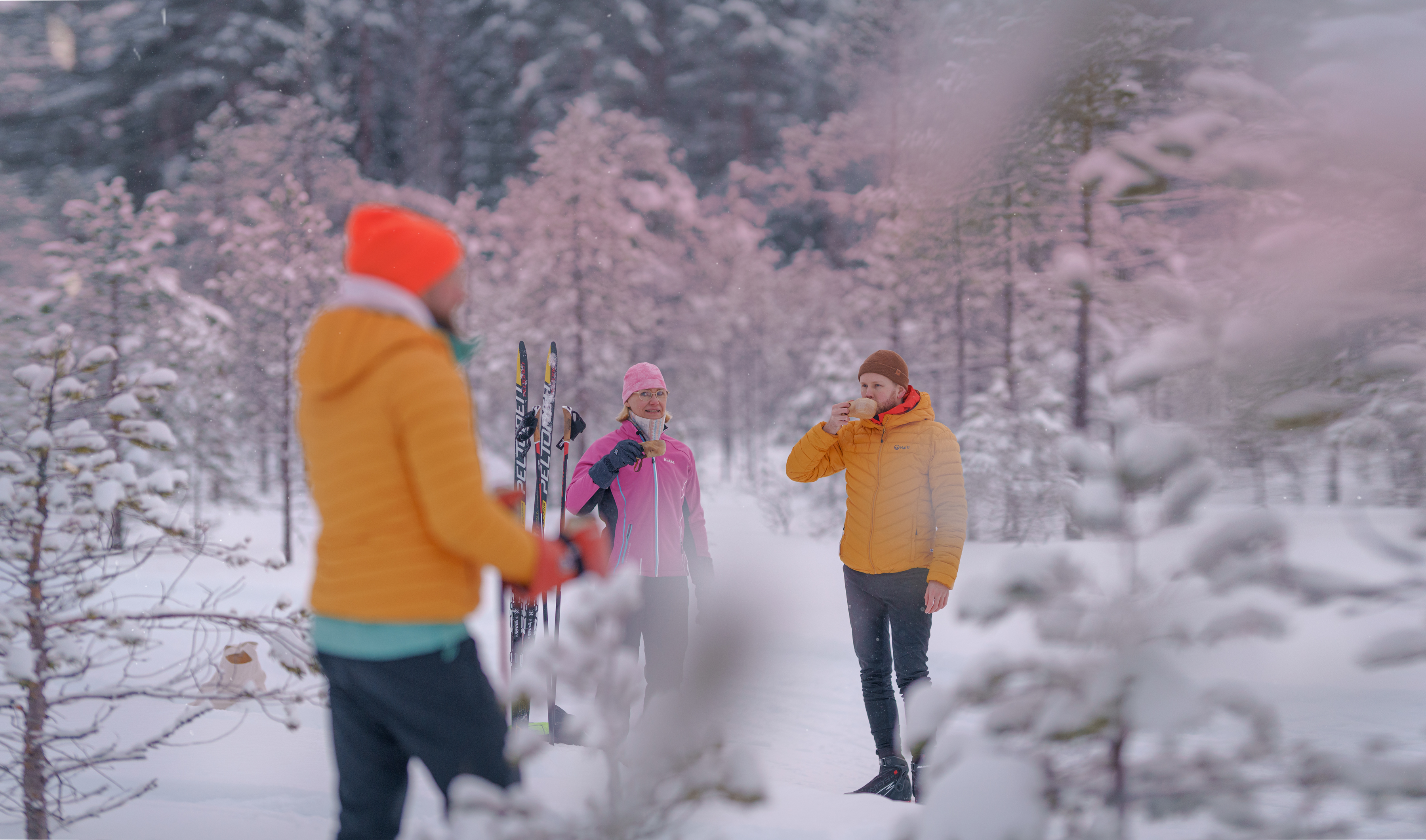 Talvinen kuva kolmesta ulkoilijasta Hollolan Varrassuolla.