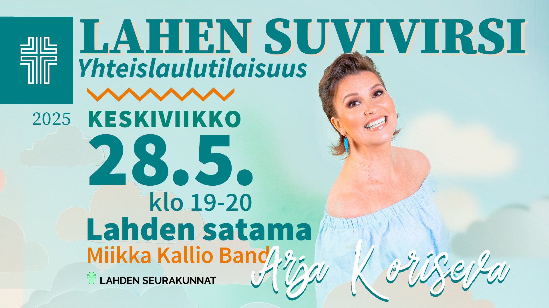 Mainoskuvassa hymyilee kameralle laulaja Arja Koriseva valkoisten pilvien ympäröimänä. Kuvassa on myös merk...