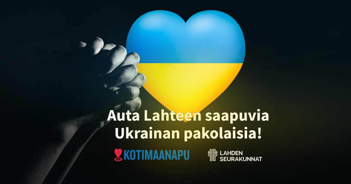 Ukrainan lipun värinen sydän. Rukoilevat kädet. Logo Kotimaanapu. Logo Lahden seurakunnat.