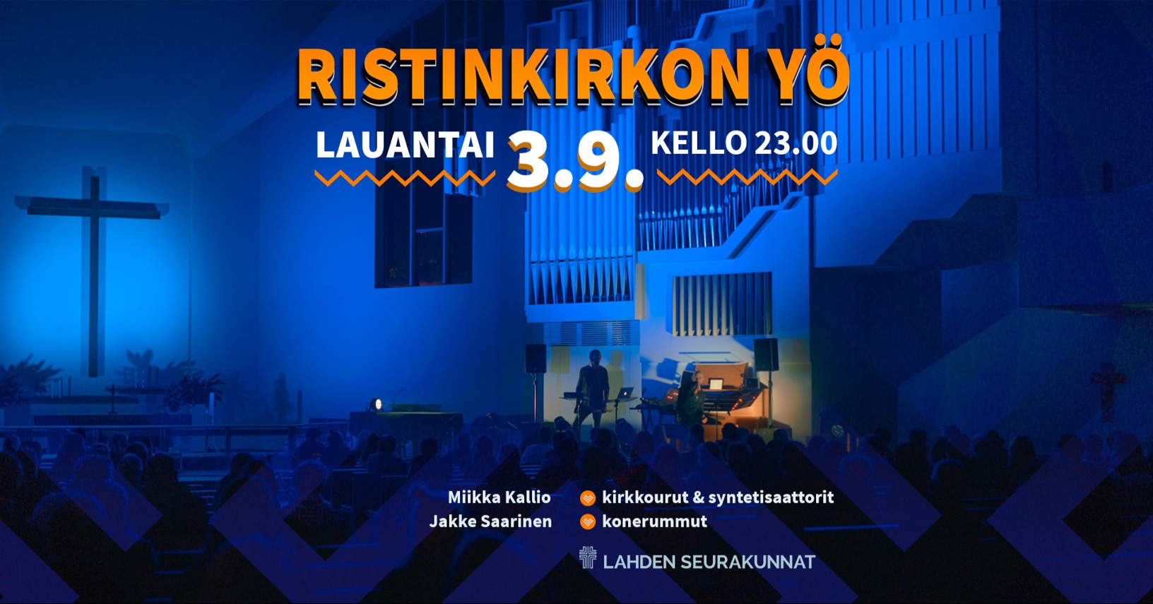 Ristinkirkon yö -konsertin mainos. Kuva edellisvuosien yöllisestä urkukonsertista.