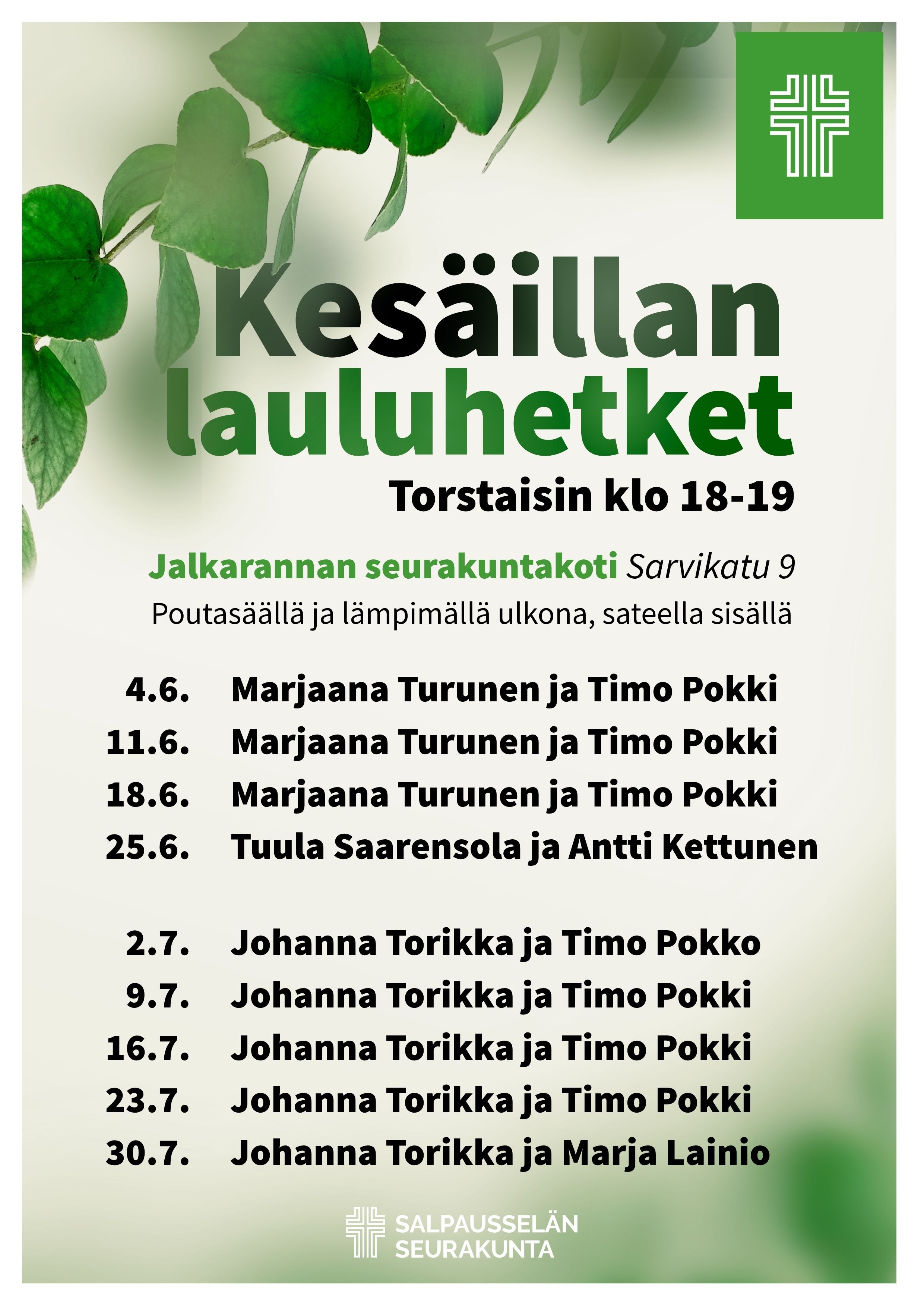 vihreitä puun lehtiä ja tekstiä Kesäillan lauluhetket