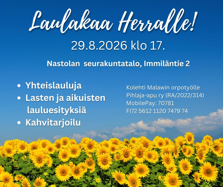 Etuosassa lukuisa määrä auringonkukkia. Taustalla taivas, jossa pilvet piirtyvät kuin vuorenhuiput auringonkukkien takana. 